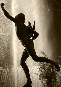 Falguire's Cockfight - weathered copy in a park, backlit against fountain, sepia, by Pierre Beteille on Flickr